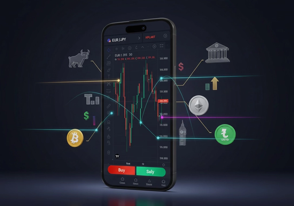 Tradeel mobile trading app displaying real-time forex chart with crypto and financial icons